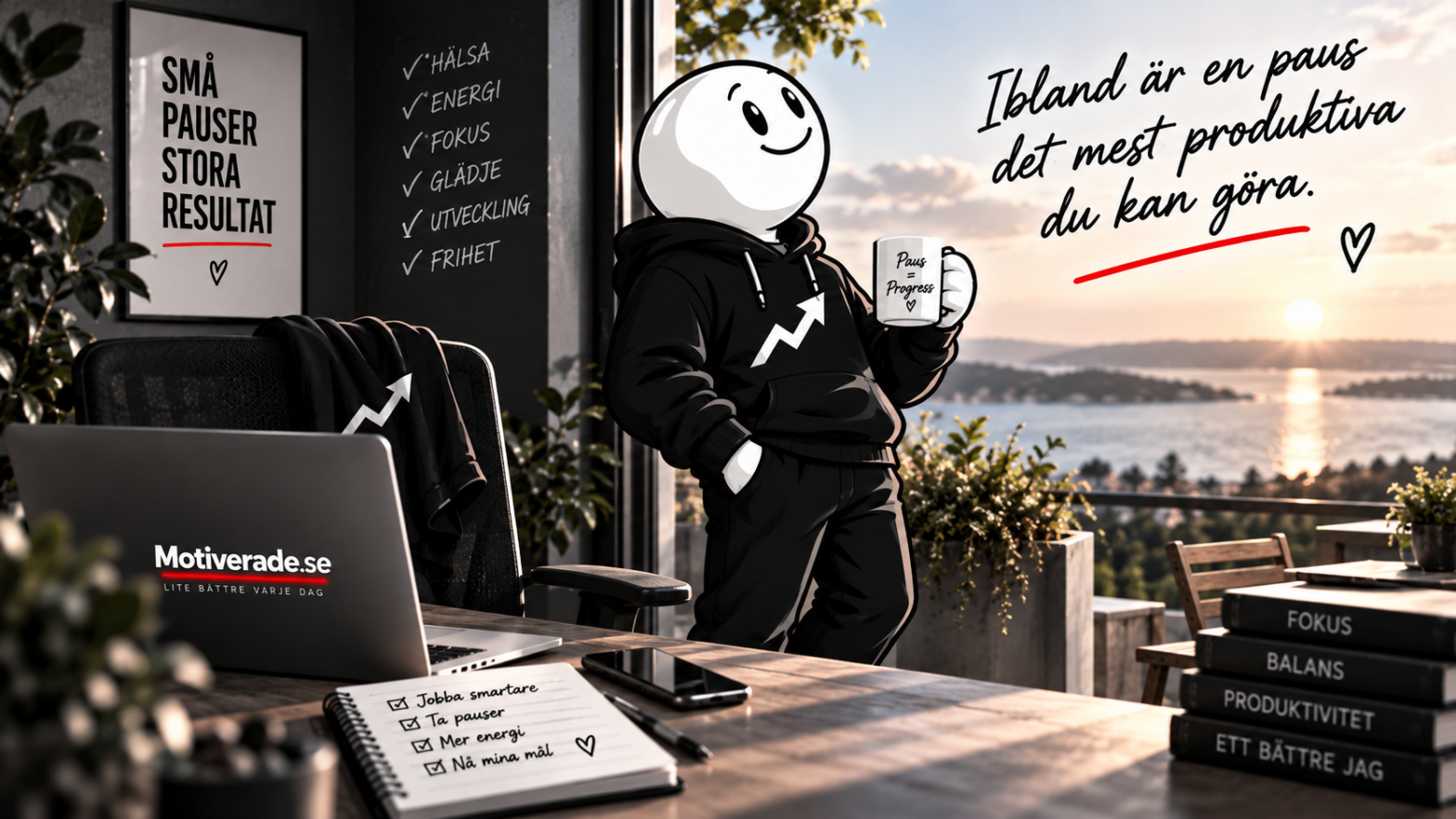 Mr Motiverade står och tittar ut genom fönstret med en kopp kaffe och håller en jobb pause