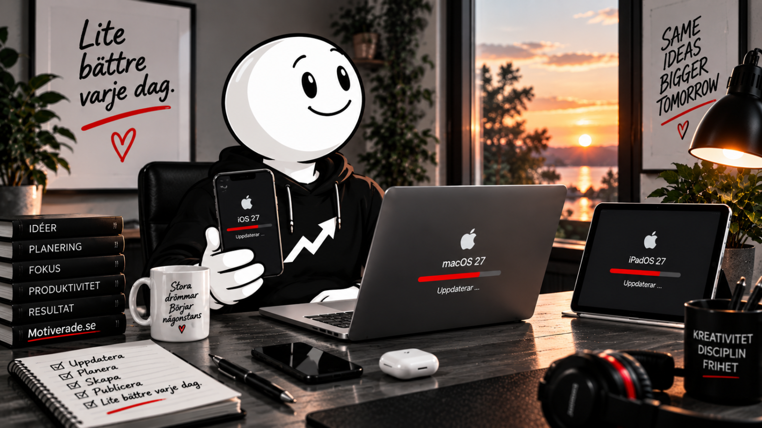 Mr Motiverade sitter och laddar ned iOS 27